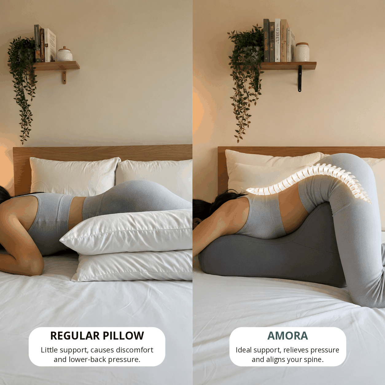 Comparação entre uma pilha de travesseiros comuns e o travesseiro Amora
